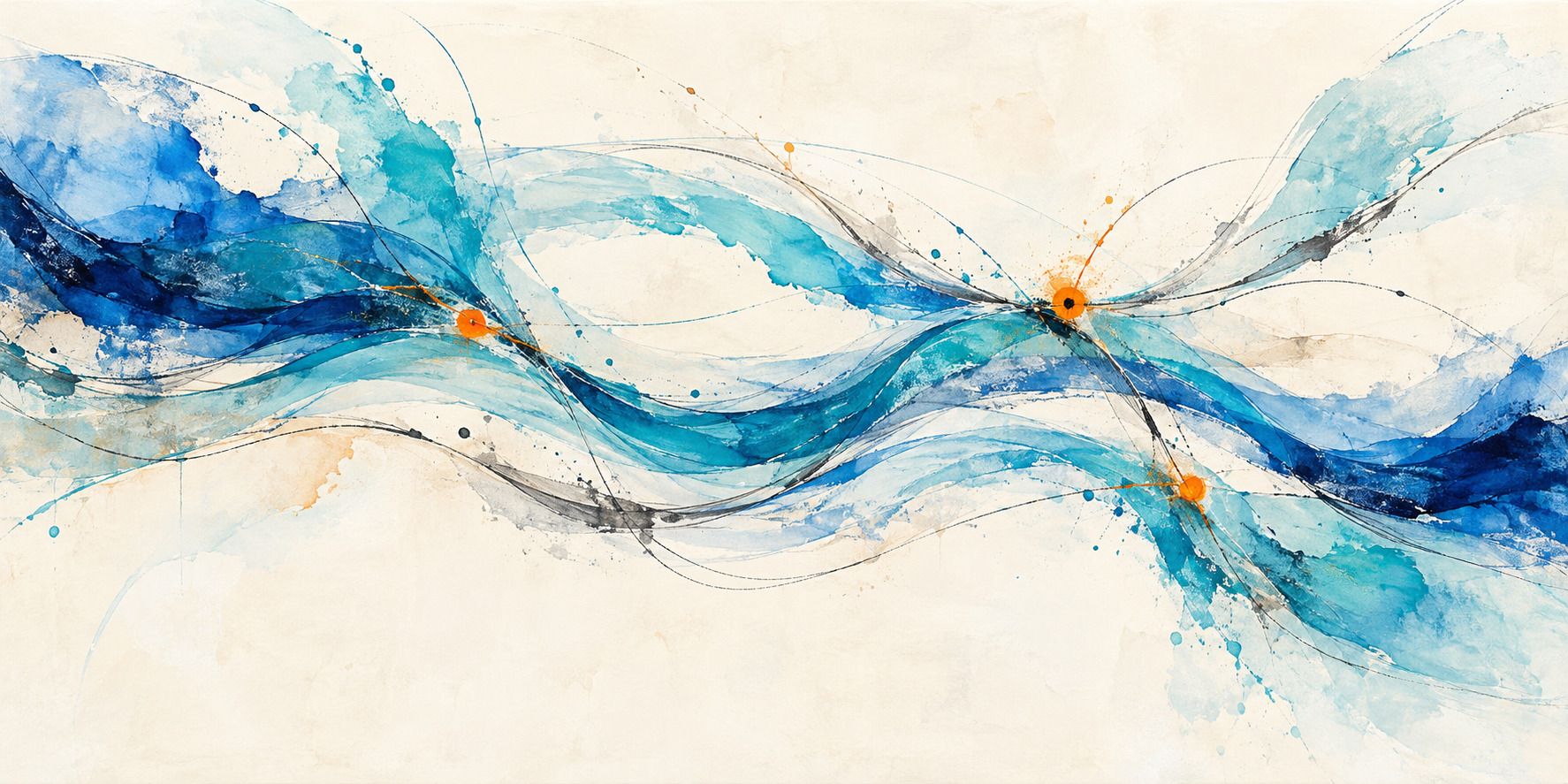 Abstract painting with flowing blue and coral forms